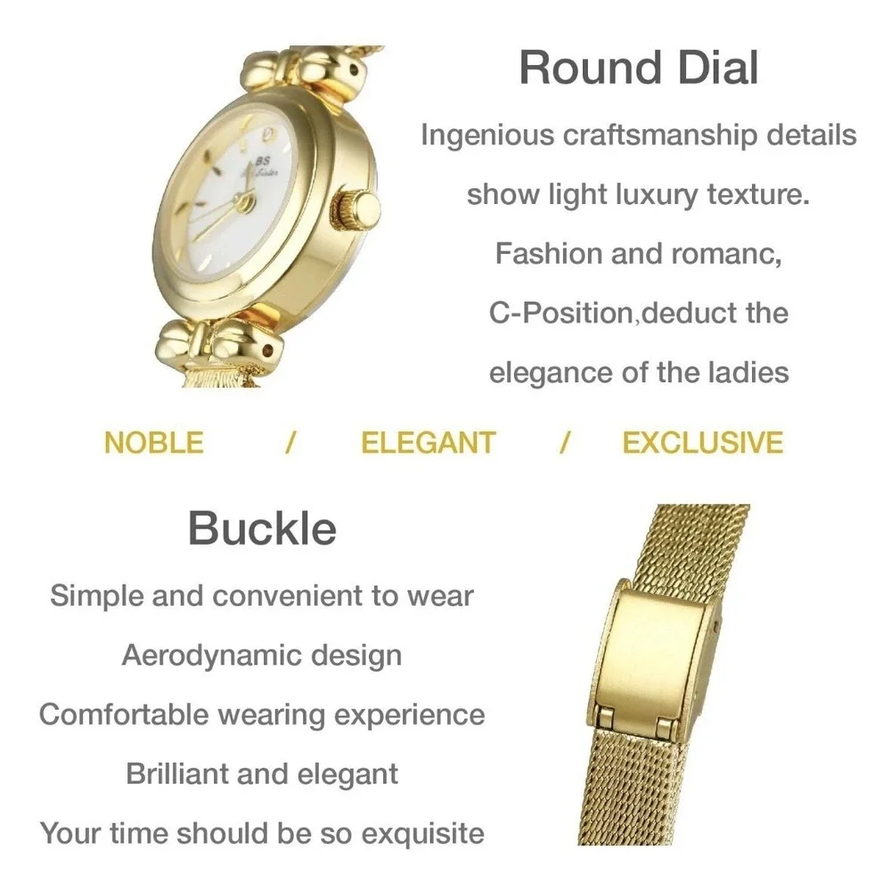 Bee Sisters Women's Watch Round Golden Tone Quartz Minimalist Retro Wrist Watch